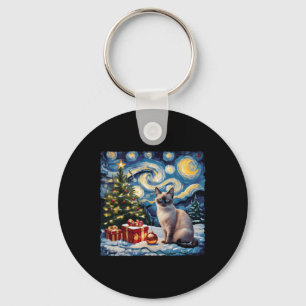 Christmas Siamese Cat Art Van Gogh The Starry Nigh Key Ring