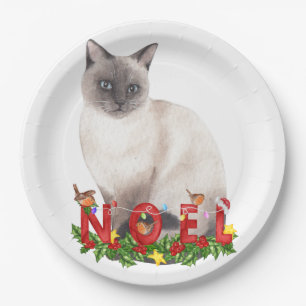 Christmas Siamese Cat Watercolor Paper Plate