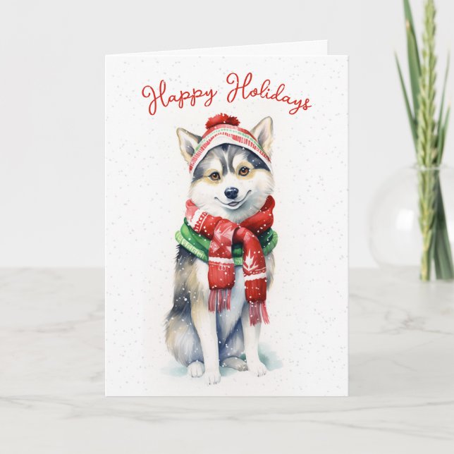Christmas Siberian Husky In Snowflakes Holiday Card (Front)