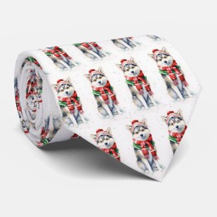 Christmas Siberian Husky In Snowflakes Tie