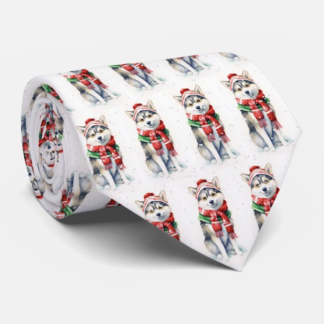 Christmas Siberian Husky In Snowflakes Tie (Rolled)