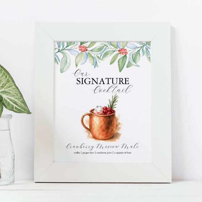 Christmas Signature Cocktail Bar Signs (Signature cocktail bar sign watercolor cranberry moscow mule by Do Tell A Belle)