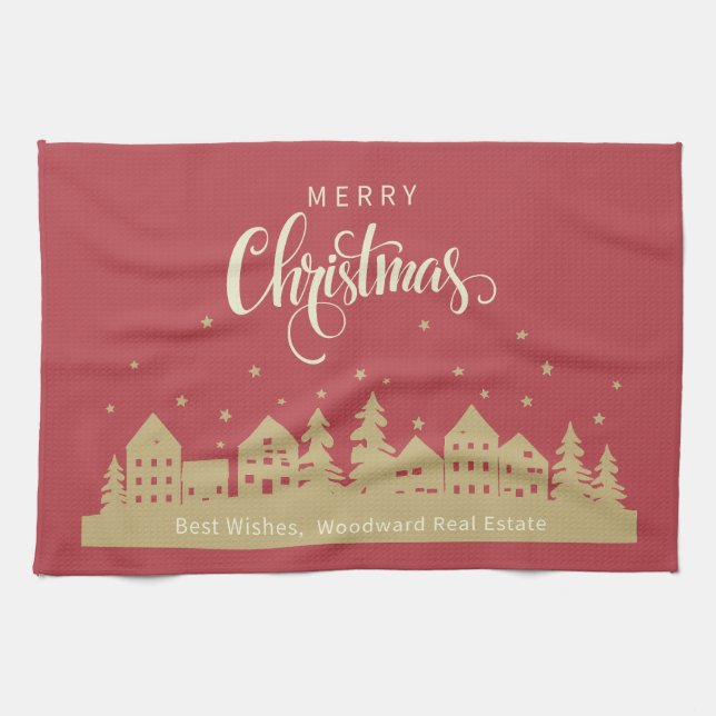 Christmas Silhouette Houses | Real Estate Custom Tea Towel (Horizontal)
