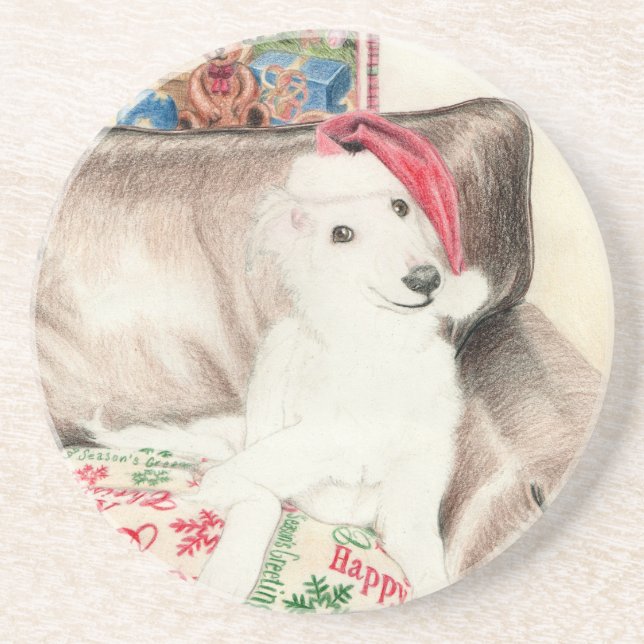 Christmas Silken Windhound Puppy Coasters (Front)