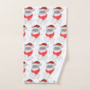 Christmas Silver And White Cat With Santa Hat Hand Towel