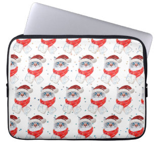 Christmas Silver And White Cat With Santa Hat Laptop Sleeve
