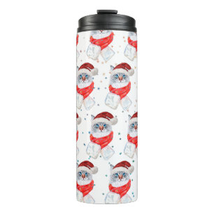 Christmas Silver And White Cat With Santa Hat Thermal Tumbler