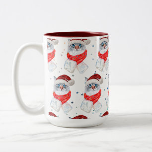 Christmas Silver And White Cat With Santa Hat Two-Tone Coffee Mug