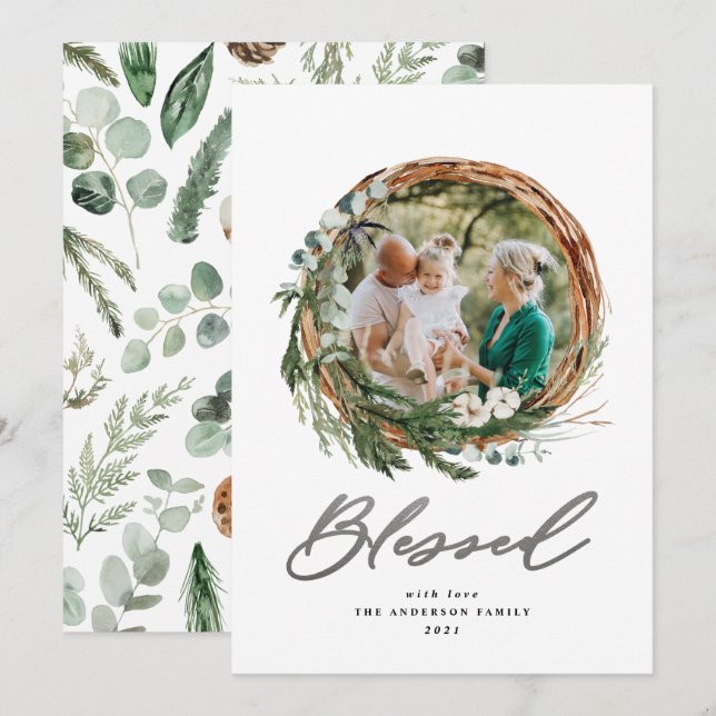 Christmas silver  blessed script botanical 1 photo holiday card (Front/Back)