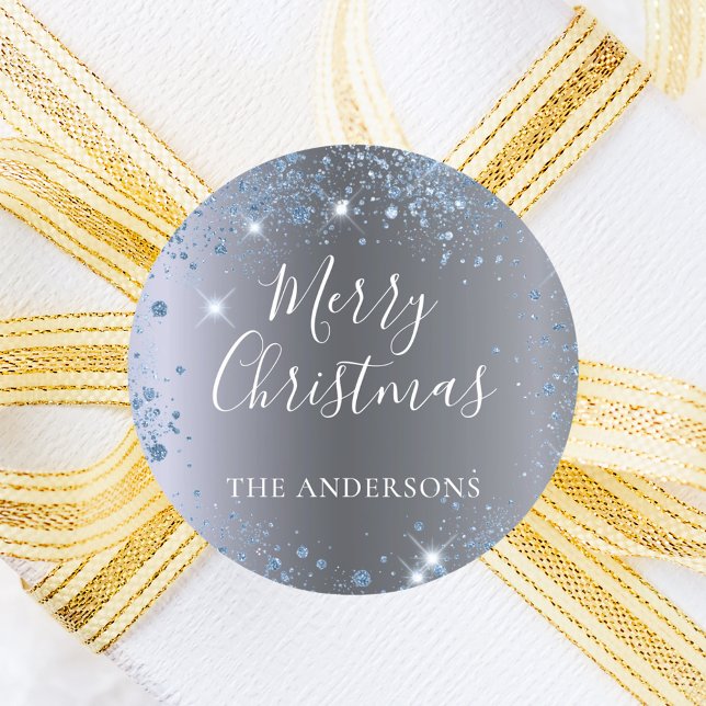 Christmas silver blue glitter name classic round sticker (Creator Uploaded)