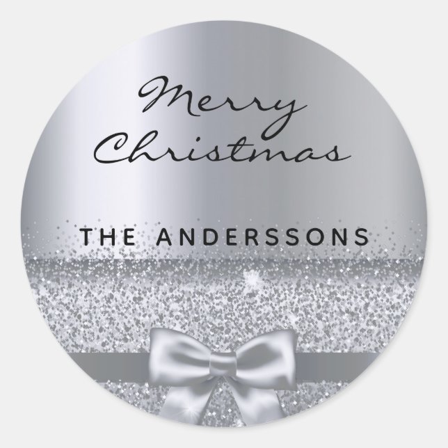 Christmas silver bow family name classic round sticker (Front)