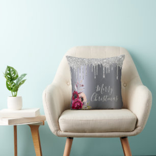 Christmas silver glitter drip foil floral burgundy cushion