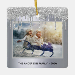 Christmas silver glitter drips photo winter ceramic ornament