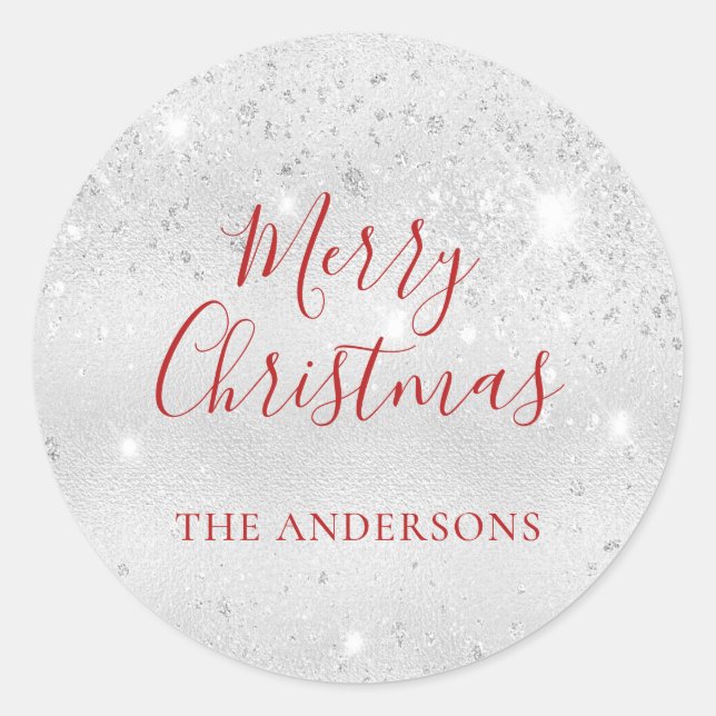 Christmas silver glitter red name classic round sticker (Front)