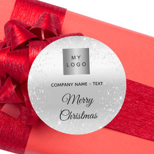 Christmas silver glitter sparkles business logo classic round sticker