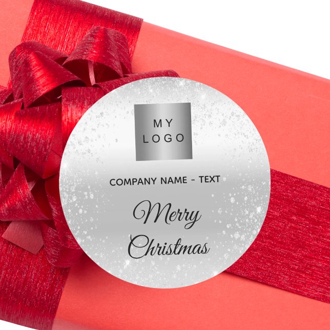 Christmas silver glitter sparkles business logo classic round sticker (Creator Uploaded)