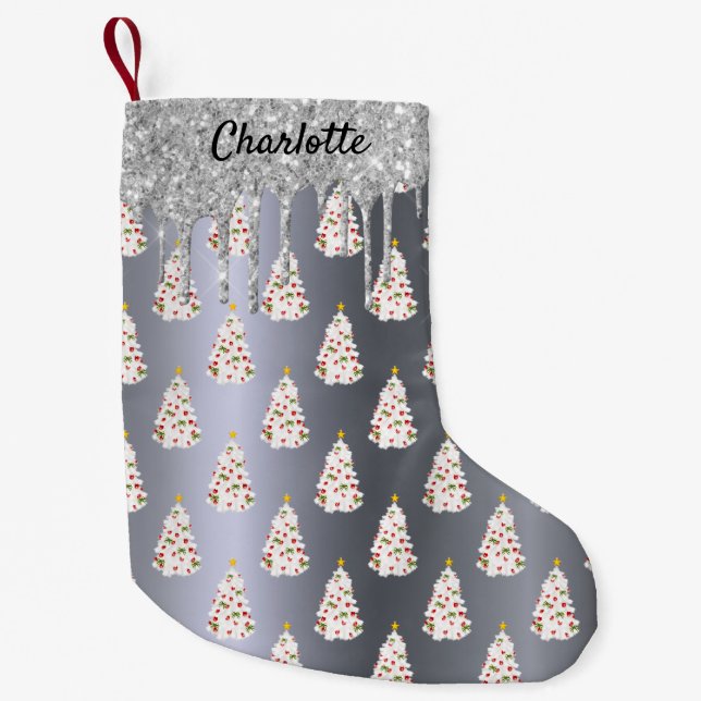 Christmas silver glitter white trees monogram small christmas stocking (Front)