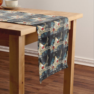 Christmas Silver Gold Turquoise Bells Gold Ribbon Medium Table Runner