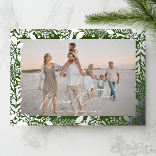 Christmas Silver Green Botanical Frame Photo Foil Holiday Card
