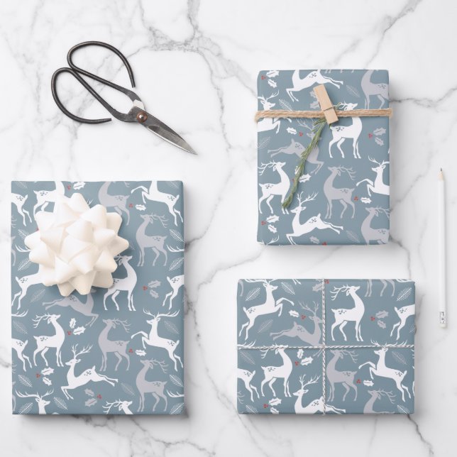 Christmas Silver Holiday Reindeer Wrapping Paper Sheet (Front)