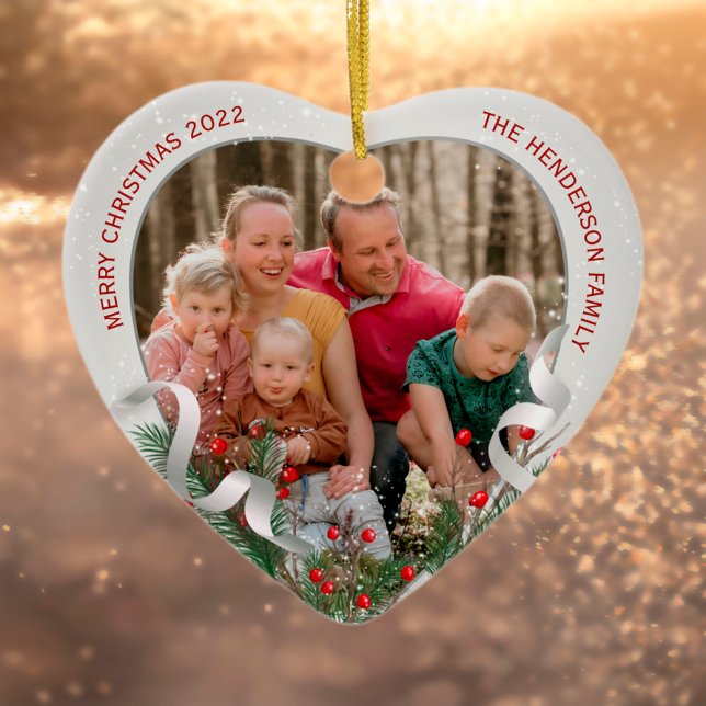 Christmas Silver Holly Pine Frame Family Photos  Ceramic Ornament (Creator Uploaded)