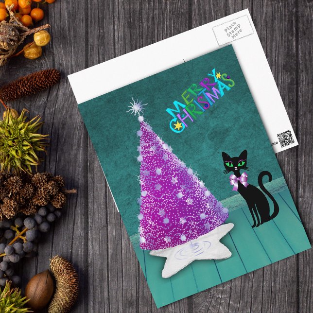 Christmas Silver Pink Tree Atomic Black Cat Teal Postcard (Sparkle silver pink tree on star rug, black atomic cat in teal room on Merry Christmas postcard.)