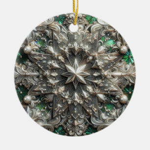 CHRISTMAS Silver Purple Green 3D Star ~ Ceramic Ornament
