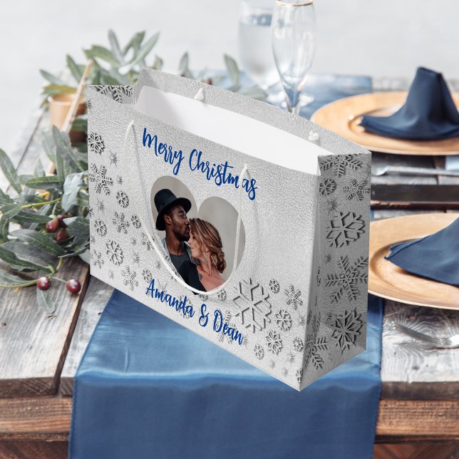 Christmas silver snow blue photo heart large gift bag (Creator Uploaded)