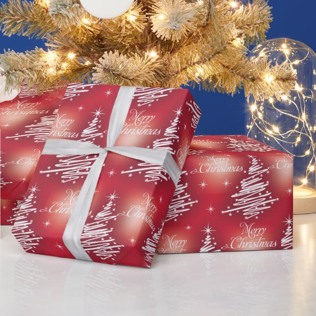 Christmas Silver Trees Red Wrapping Paper (Holidays)