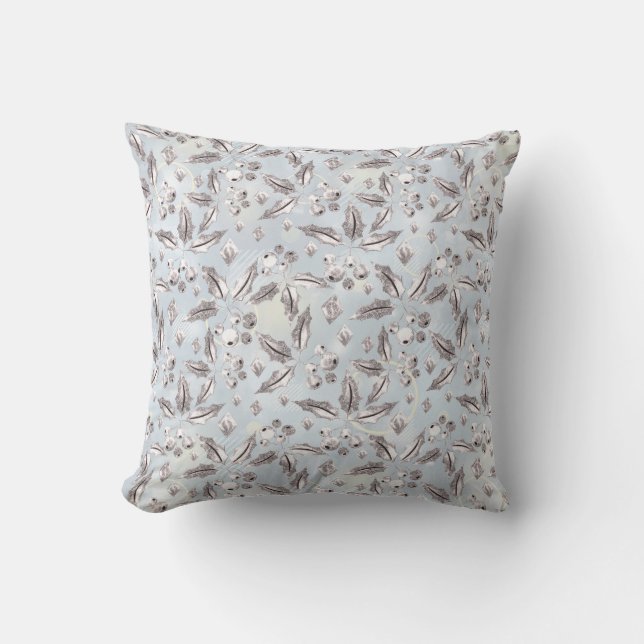 Christmas, silver twigs, white, snowflakes, winter cushion (Front)