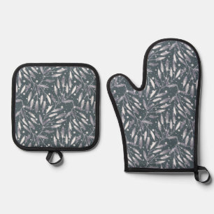 Christmas, silver twigs, white, snowflakes, winter oven mitt & pot holder set