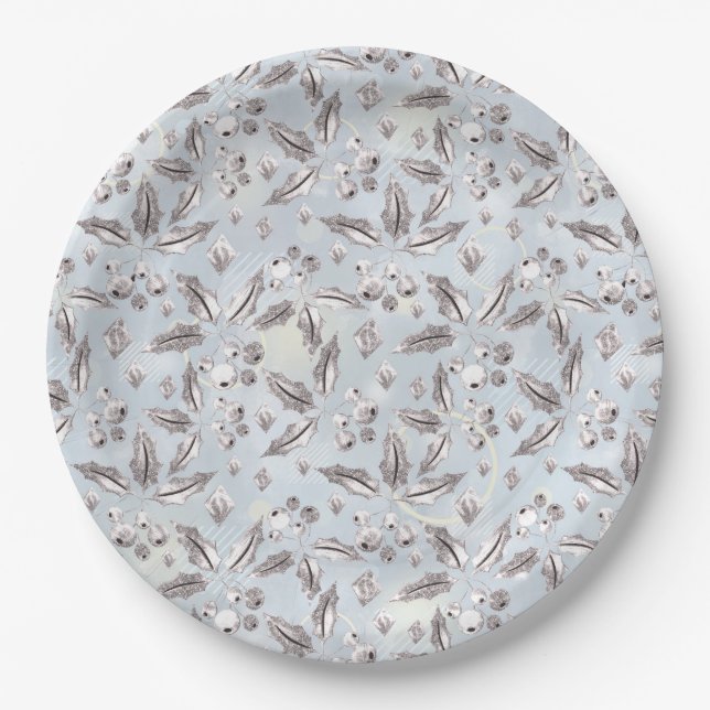 Christmas, silver twigs, white, snowflakes, winter paper plate (Front)