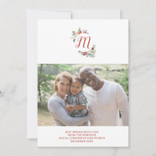 Christmas Simple Family Floral Monogrammed Photo Holiday Card