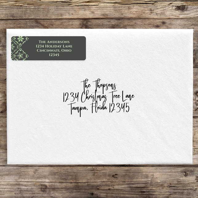 Christmas Simple Green Snowflake Classic Pattern  Return Address Label (Christmas elegant snowflake pattern with a grey background with a light green return address label. )