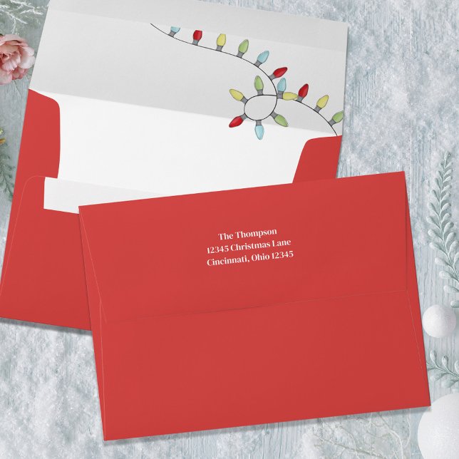Christmas Simple Red String Lights Whimsical Envelope (Christmas string lights with a solid red coordinating outside whimsical envelope. )