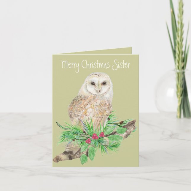 Christmas Sister Barn Owl Greeting Holiday Card (Front)