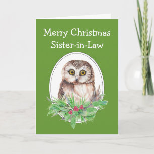 Christmas Sister-in-Law  Cute Owl Bird Holly PIne Holiday Card