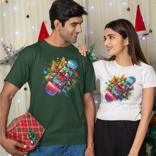 Christmas Skateboard Red Bow Pine Branches T-Shirt