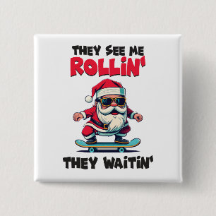 Christmas Skateboarding Santa 15 Cm Square Badge