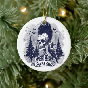 Christmas Skeleton and Raven Santa Caws  Ceramic Ornament