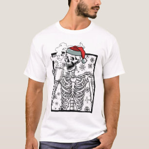 Christmas Skeleton and Smiling Skull drinking Coff T-Shirt