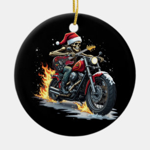 Christmas Skeleton Biker Rock Music Flame Santa Ceramic Ornament