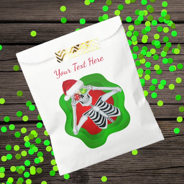Christmas Skeleton Bright Red Green Hat Funny Favour Bag (Funny Christmas skeleton in red green wavy circle shape ornament eyes on favour or gift bag.)