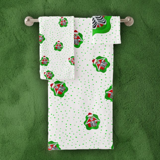 Christmas Skeleton Bright Splatter Shape Dots Bath Towel Set (Fun Christmas skeletons red green splatters polka dots on white bath towel set.)