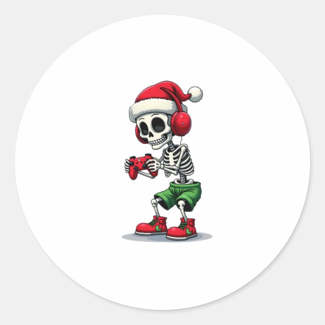 Christmas skeleton Gamer Pajamas xmas skull gaming Classic Round Sticker (Front)