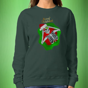 Christmas Skeleton Red Santa Hat Ornaments Green Sweatshirt