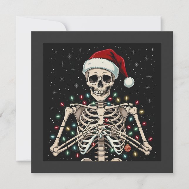 Christmas Skeleton Santa Hat Xmas Lights  Holiday Card (Front)