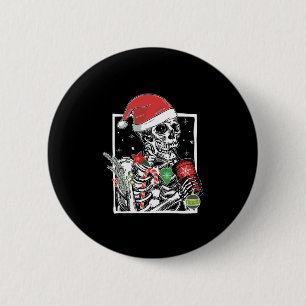 Christmas Skeleton Smiling Skull Drinking Coffee S 6 Cm Round Badge