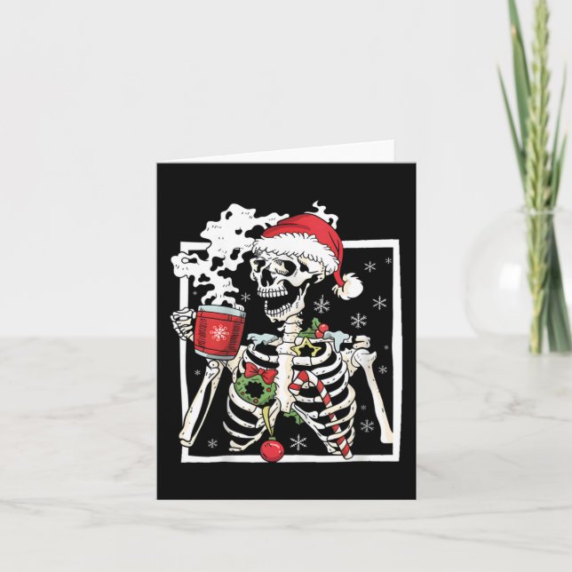 Christmas Skeleton With Smiling Skull Drinking Cof Card (Front)