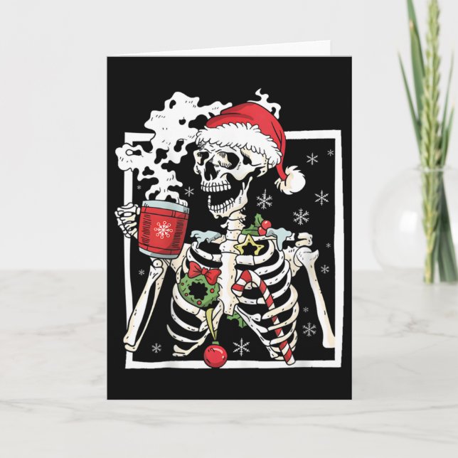 Christmas Skeleton With Smiling Skull Drinking Cof Card (Front)